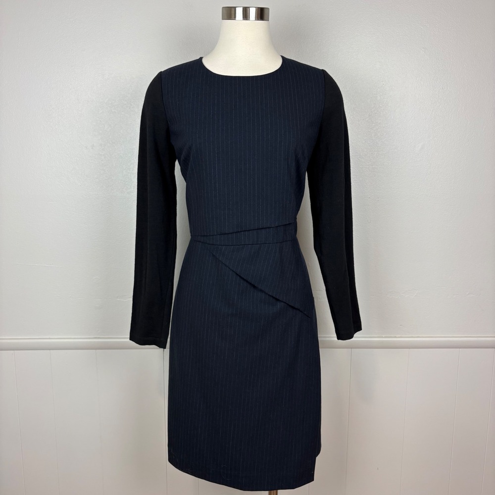 Donna Karan DKNY Wool Pinstripe Work Dress Size 12‎ Navy Black Long Sleeve Edgy